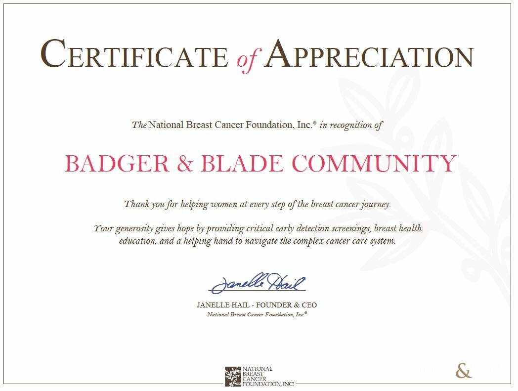 Badger And Blade Certificate Of Appreciation From NBCF