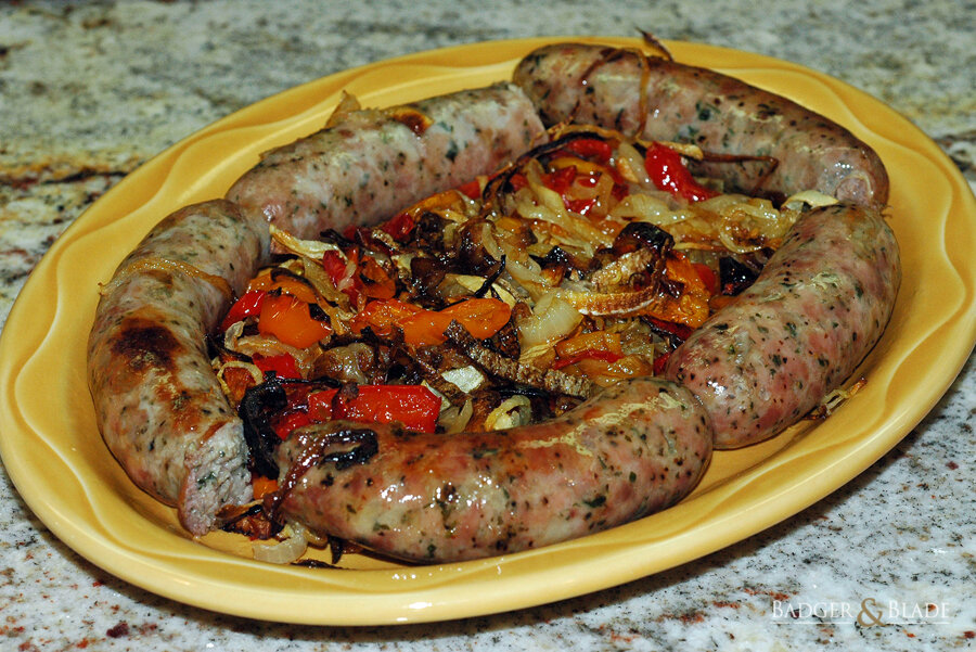 homemade sausage with pepper and onions