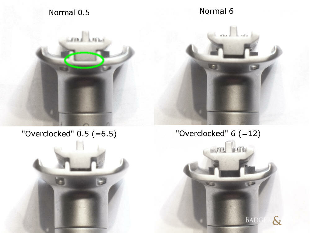 Normal and "Overclocked" QShave razor at different settings