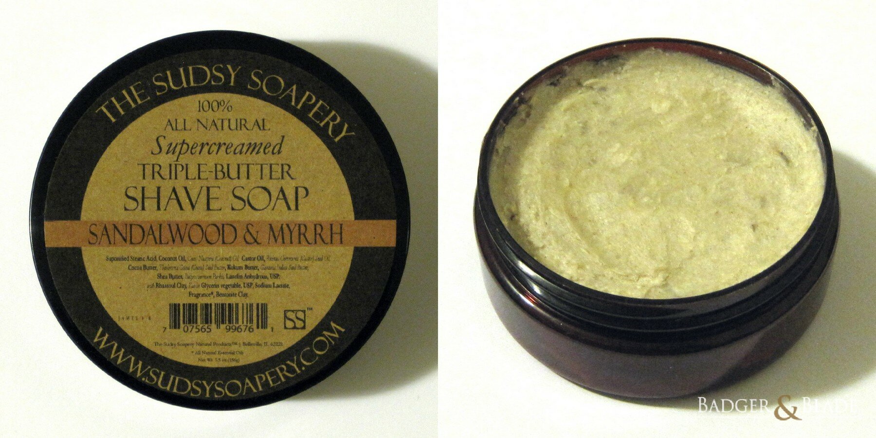 The Sudsy Soapery Sandalwood & Myrrh Shave Soap with 0.5 oz. Removed